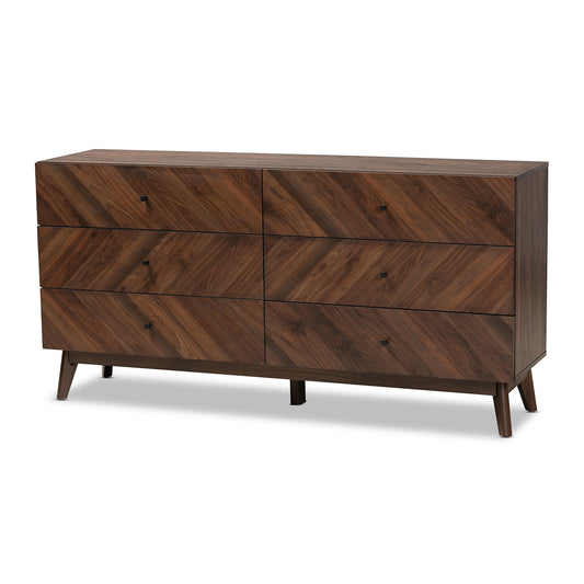 Hartman Mid-Century Modern Dresser Walnut Brown Finished Wood with 6 Drawers for Stylish Storage and Organization