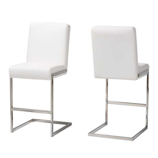 Toulan Barstool Set of 2 Modern White Faux Leather Upholstered with Stainless Steel Frame