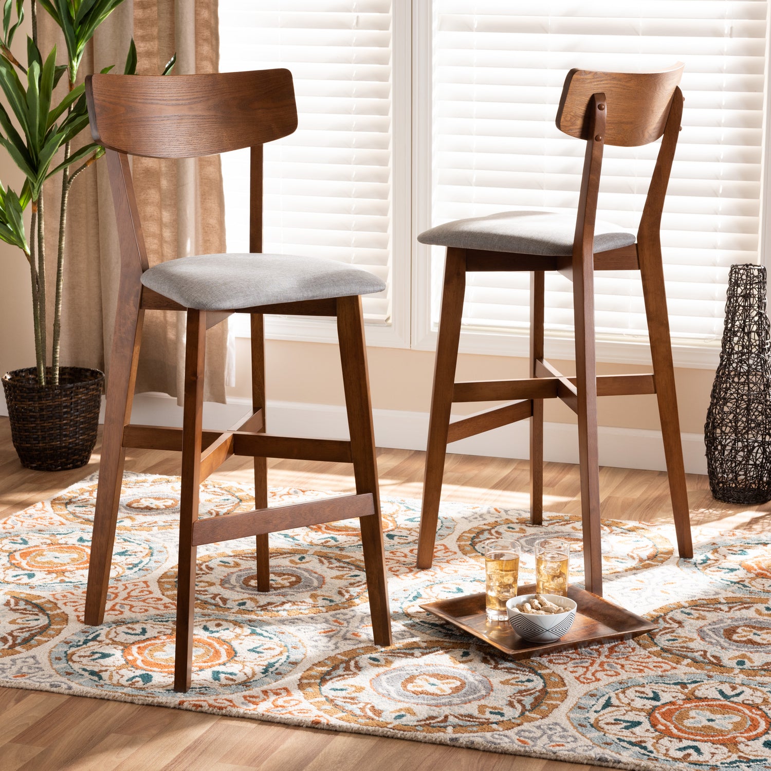 Cameron Modern and Contemporary Transitional Grey Fabric Upholstered and Walnut Brown Finished Wood 2-Piece Bar Stool Set