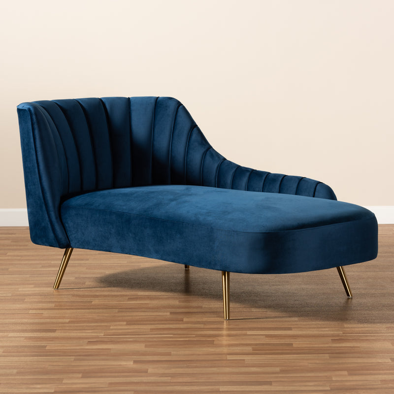 Kailyn Glam Luxe Chaise Lounge Navy Blue Velvet with Gold Finished Legs