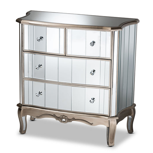 Elgin 4-Drawer Cabinet in Contemporary Glam Style with Brushed Silver Wood and Mirrored Glass Accents