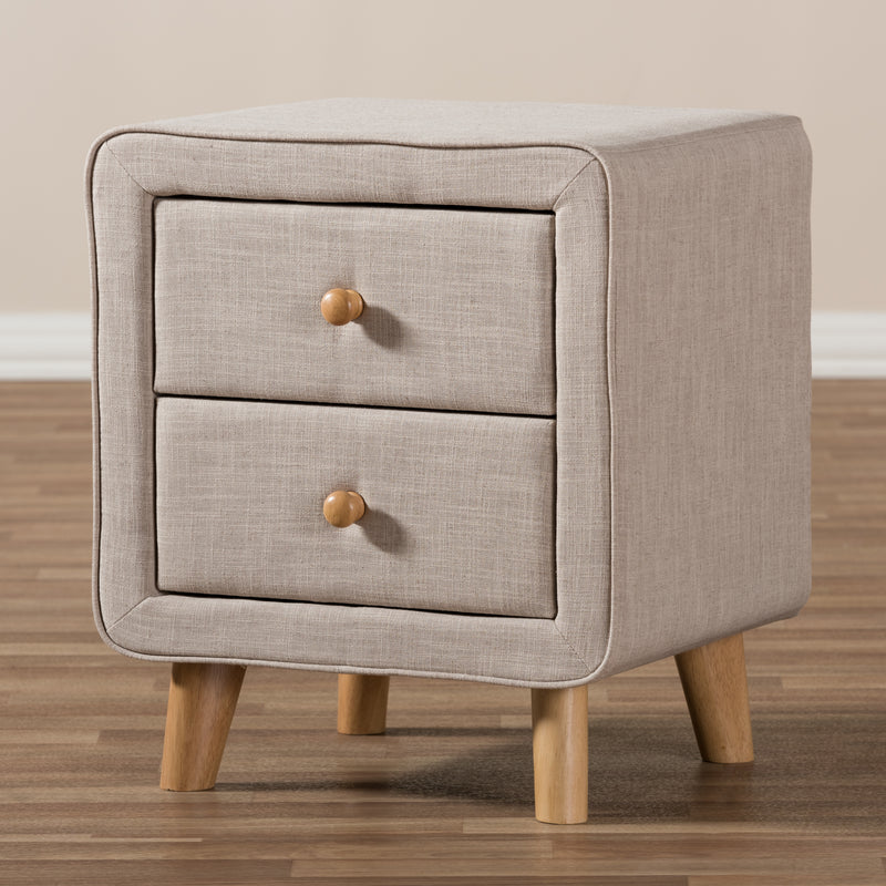 Jonesy Nightstand - Mid-Century Beige Linen Upholstered 2-Drawer