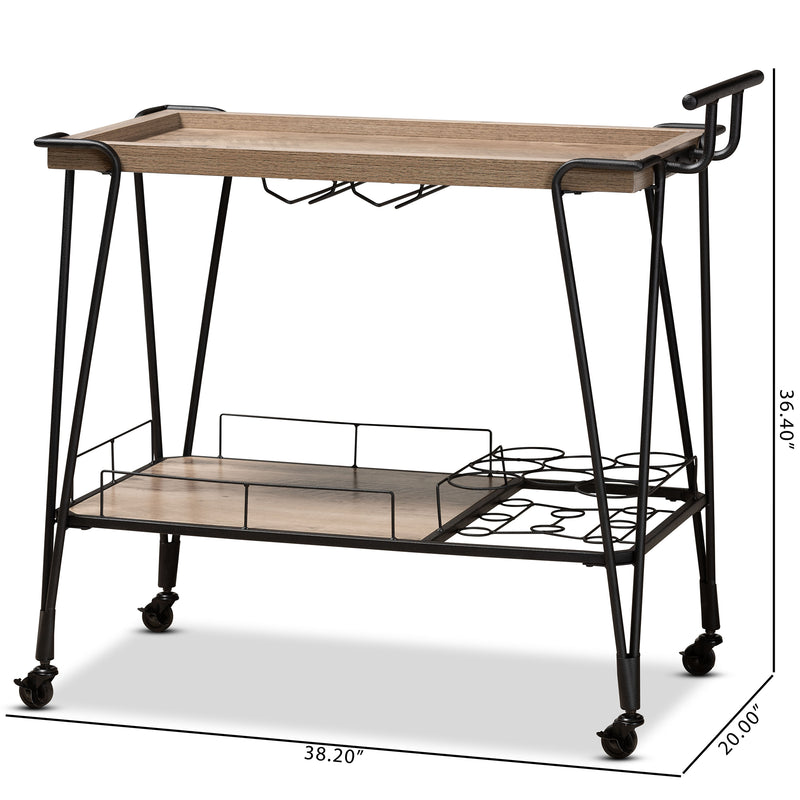 Perilla Wine Serving Cart - Modern Rustic Industrial Design with Oak Brown Wood and Black Metal, 2-Tier Storage for Home Bar