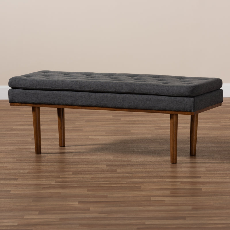 Arne Bench Mid-Century Modern Dark Grey Fabric Upholstered Walnut Finished