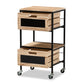 Olinda End Table Modern Industrial Design with Oak Brown Wood and Black Metal Featuring 2 Storage Drawers