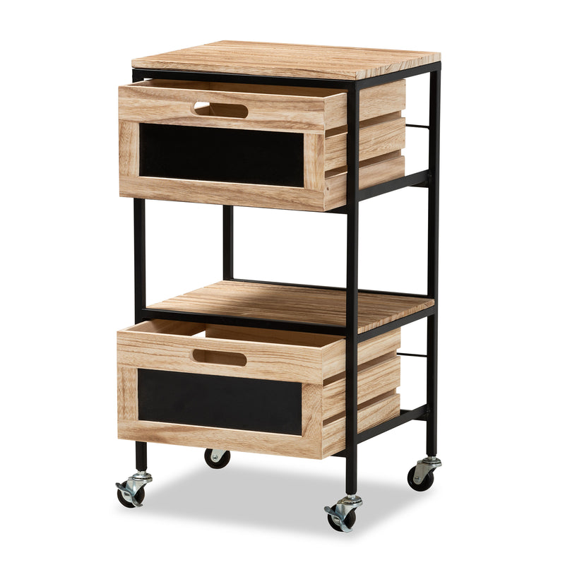 Olinda End Table Modern Industrial Design with Oak Brown Wood and Black Metal Featuring 2 Storage Drawers