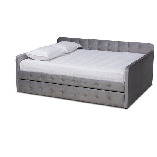 Jona Daybed - Modern and Contemporary Transitional Grey Velvet Fabric Upholstered with Button Tufting and Trundle