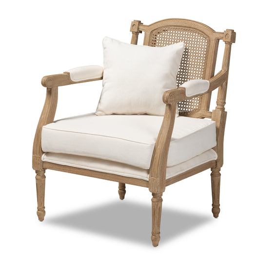 Clemence Armchair French Provincial Style Ivory Fabric Upholstery Whitewashed Wood Frame