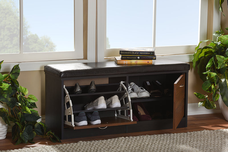 Foley Entryway Storage Bench Modern 2-Tone Dark Brown and Oak Shoe Rack Cabinet Organizer with Cushioned Seating