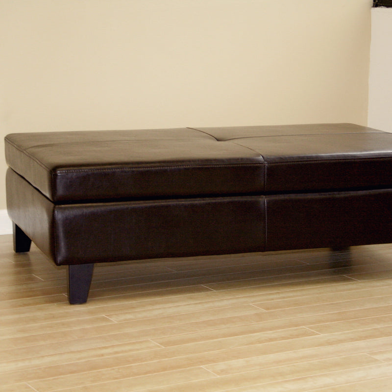 Dark Brown Faux Leather Storage Ottoman Stylish Design Versatile Functionality for Living Room or Bedroom Use