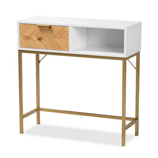 Giona Console Table - Modern Two-Tone Oak Brown and White Wood with Gold Accents, Featuring 1 Storage Drawer