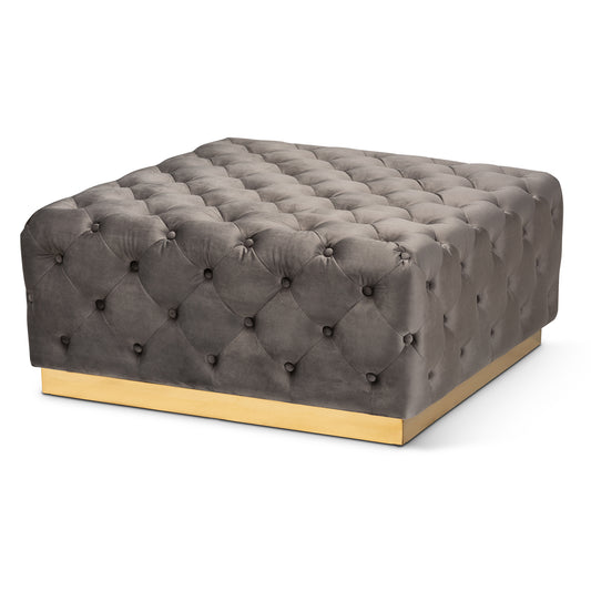 Verene Ottoman Glam and Luxe Grey Velvet Fabric Upholstered Gold Finished Square Cocktail