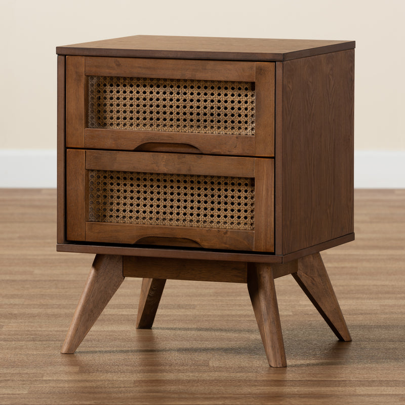 Barrett Mid-Century Modern Nightstand Walnut Brown Wood with Synthetic Rattan Featuring 2 Drawers for Stylish Storage