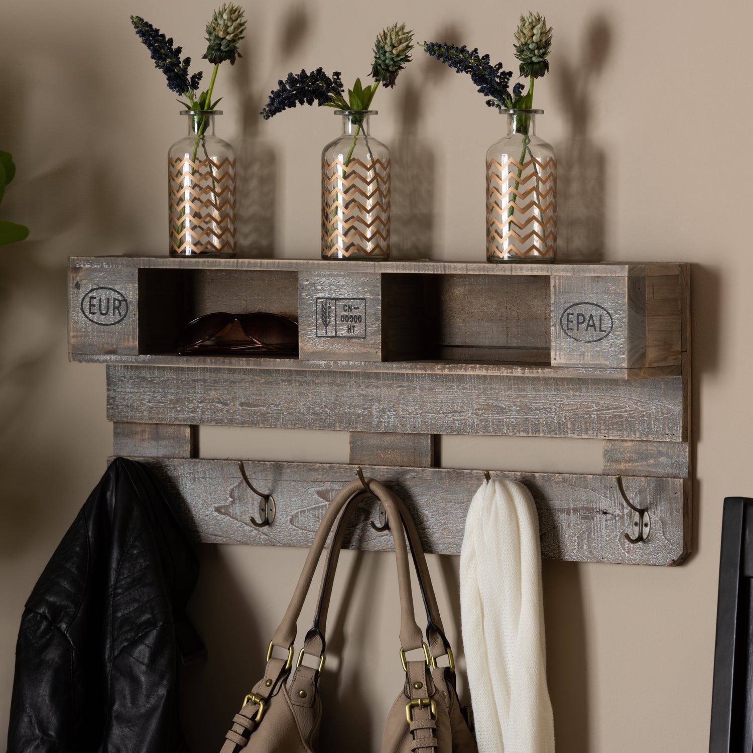 Ferguson Coat Rack Vintage Rustic Whitewashed Grey Oak Wall Mounted Design with Shelves for Entryway Storage and Organization