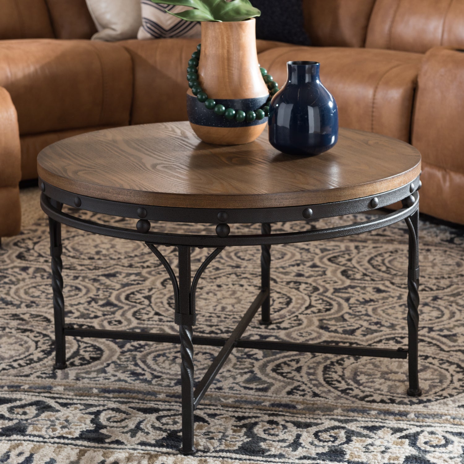 Austin Vintage Industrial Antique Bronze Round Coffee Table - Stylish Living Room Table for Rustic Home Decor and Modern Design