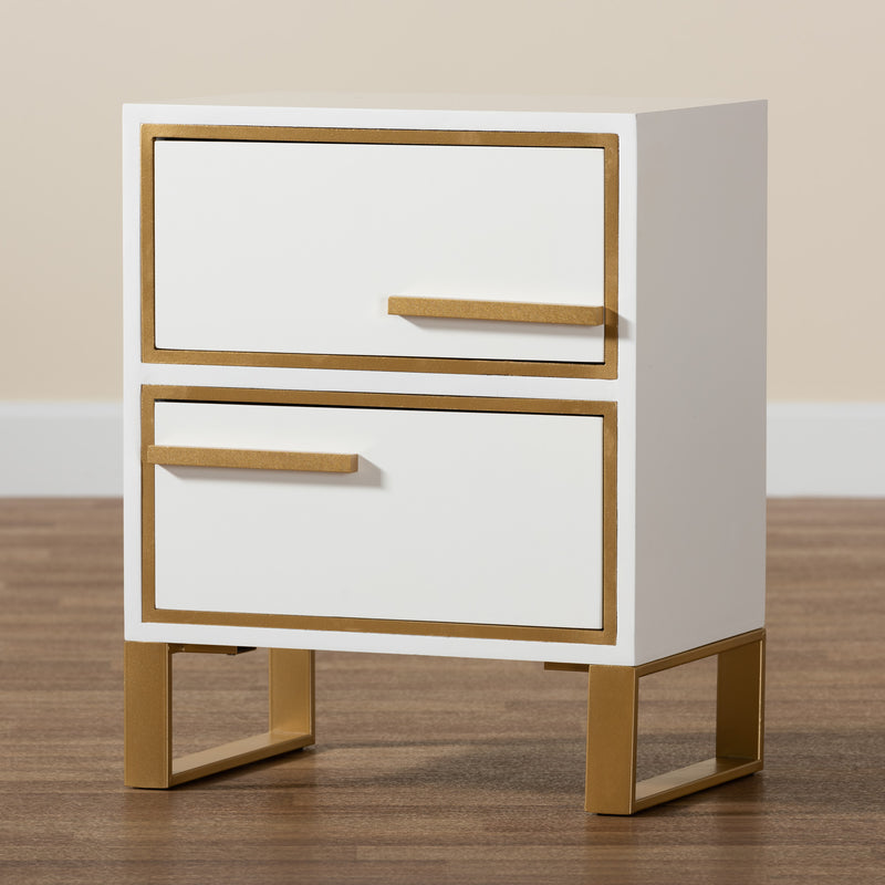 Giolla End Table Contemporary Glam and Luxe White Finished Wood and Gold Metal 2-Drawer