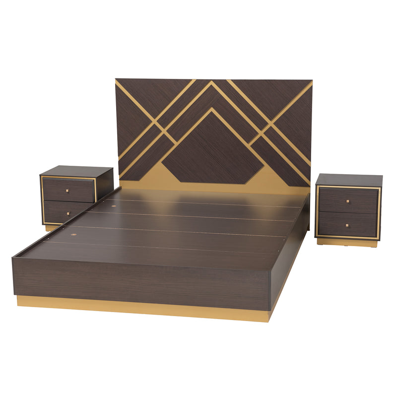 Arcelia Queen Size Bedroom Set Contemporary Glam Luxe 3-Piece Collection in Two-Tone Dark Brown and Gold Finished Wood