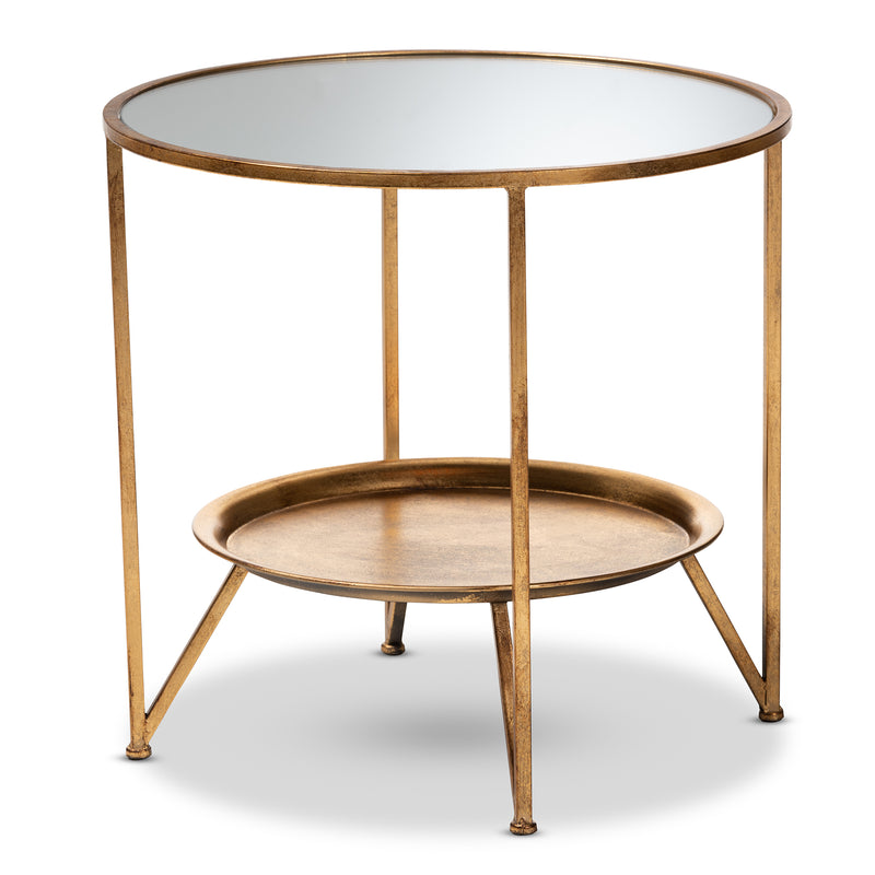 Tamsin Accent Table Modern Antique Gold Finished Metal with Mirrored Glass Tray Shelf for Stylish Home Decor