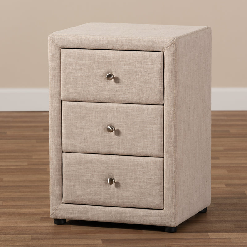 Tessa Nightstand - Modern and Contemporary Beige Fabric Upholstered 3-Drawer