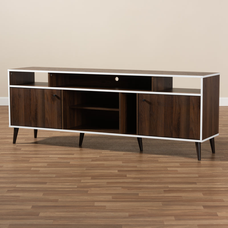 Marion Mid-Century Modern TV Stand in Brown and White with Storage and Stylish Design