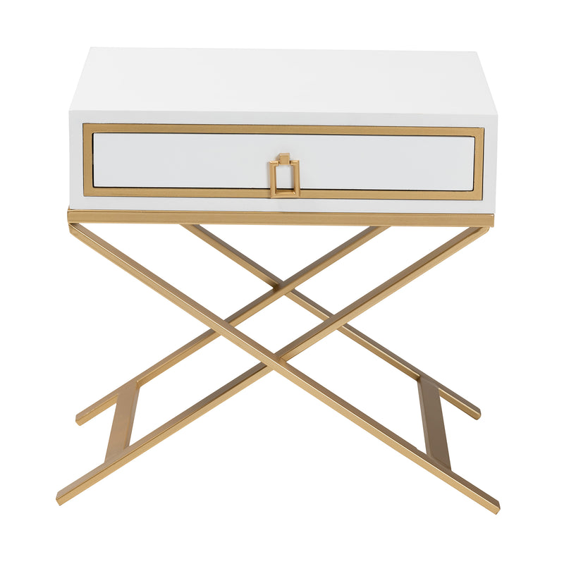 Lilibet End Table Modern Glam Luxe Design White Finished Wood Gold Metal 1 Drawer for Stylish Storage