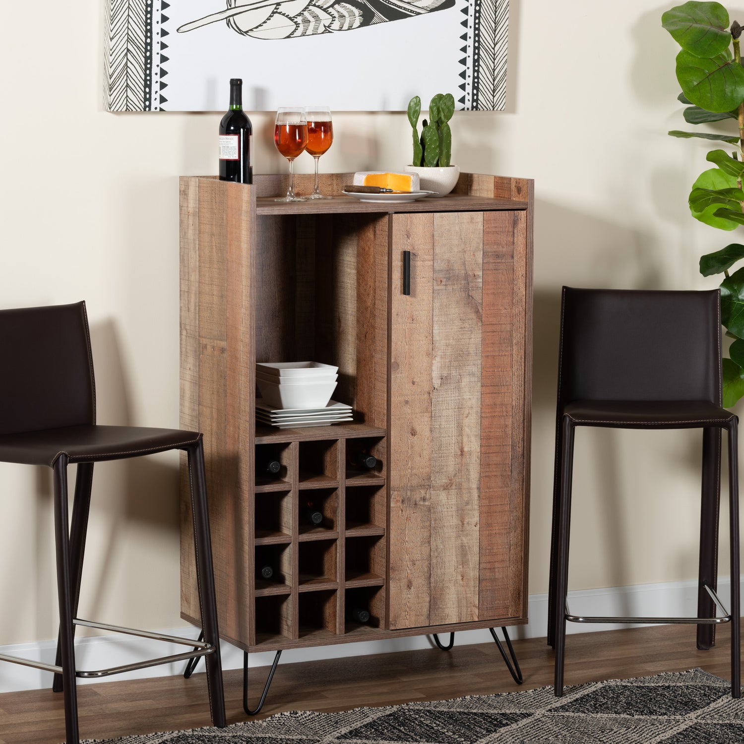 Mathis Wine Storage Cabinet Modern Rustic Brown Wood with Black Metal Accents