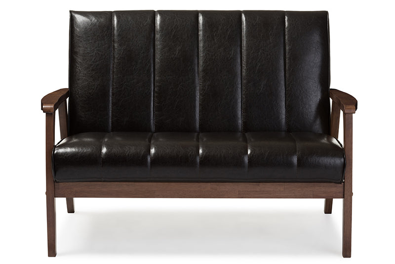 Nikko Loveseat Mid-century Modern Scandinavian Style Black Faux Leather Wooden 2-Seater