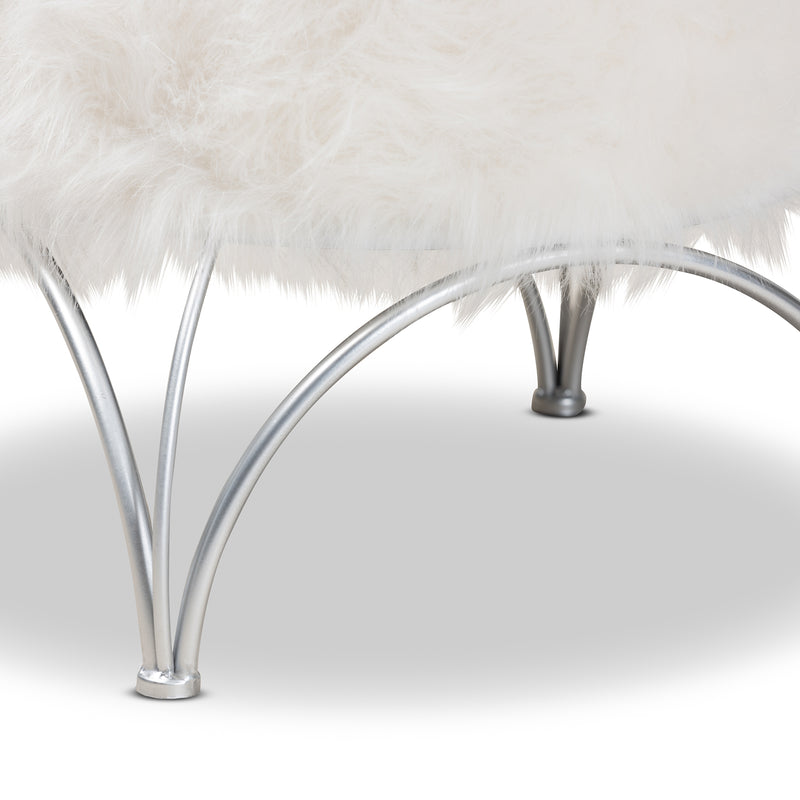 Celia Ottoman - Modern White Faux Fur Upholstered Accent with Silver Metal Base, Stylish Furniture for Living Room or Bedroom