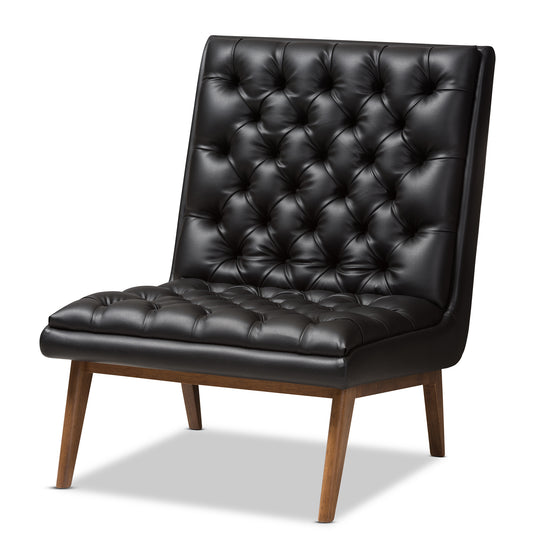 Annetha Lounge Chair Mid-Century Modern Black Faux Leather with Walnut Frame Stylish Upholstered Seating for Living Room or Office