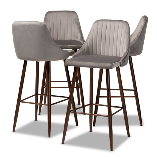 Walter Bar Stool Set Mid-Century Contemporary Grey Velvet Fabric Upholstered Walnut Finished 4-Piece