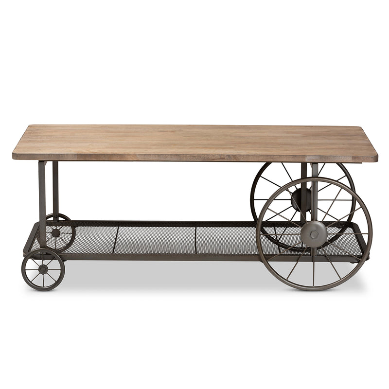 Terence Coffee Table Vintage Rustic Industrial Design with Natural Wood and Black Metal Wheels