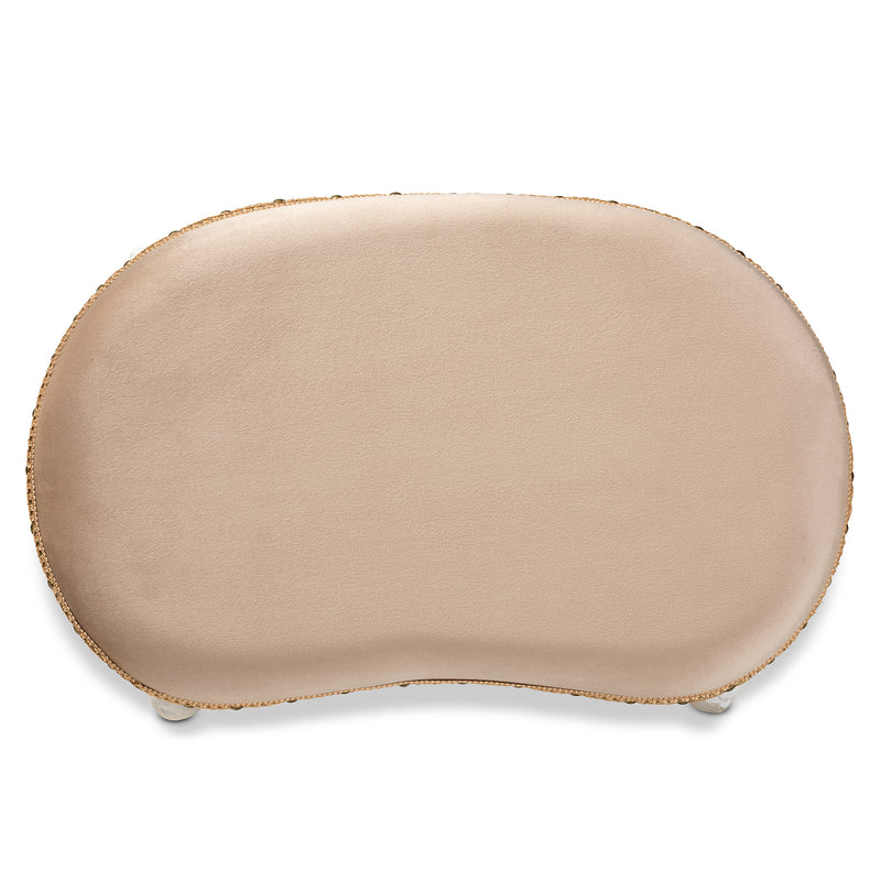 Gabrielle Vanity Ottoman Traditional French Country Style Upholstered in Sand Velvet with White-Finished Wood Frame