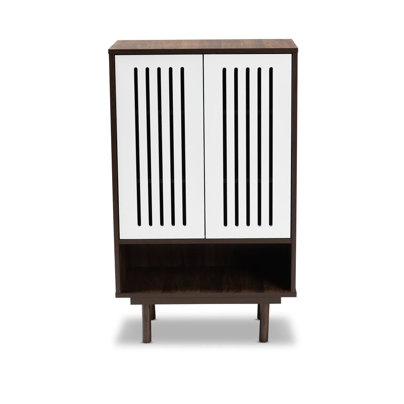 Meike Shoe Cabinet - Mid-Century Modern Two-Tone Walnut Brown and White Wood with 2 Doors for Stylish Storage Solutions