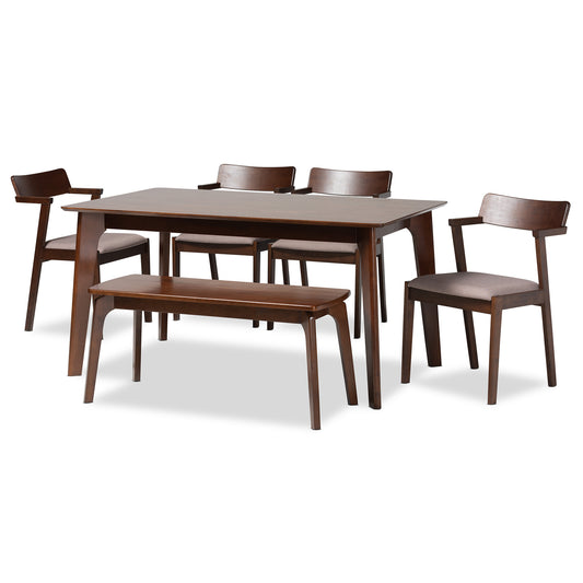 Berenice Dining Set Mid-Century Modern 6-Piece Collection in Warm Grey Fabric and Dark Brown Wood Finish