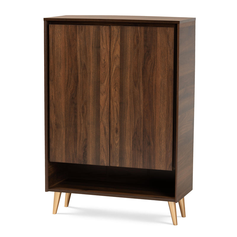 Landen Shoe Storage Cabinet Mid-Century Modern Walnut Brown and Gold Finish with 2 Doors for Entryway Organization