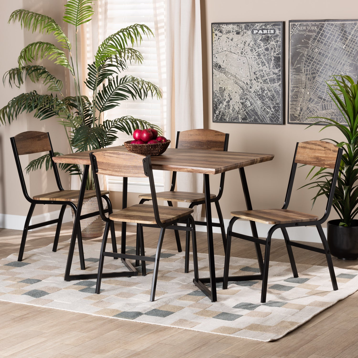 Roana Dining Set Modern 5-Piece Design with Walnut Brown Wood and Black Metal Accents