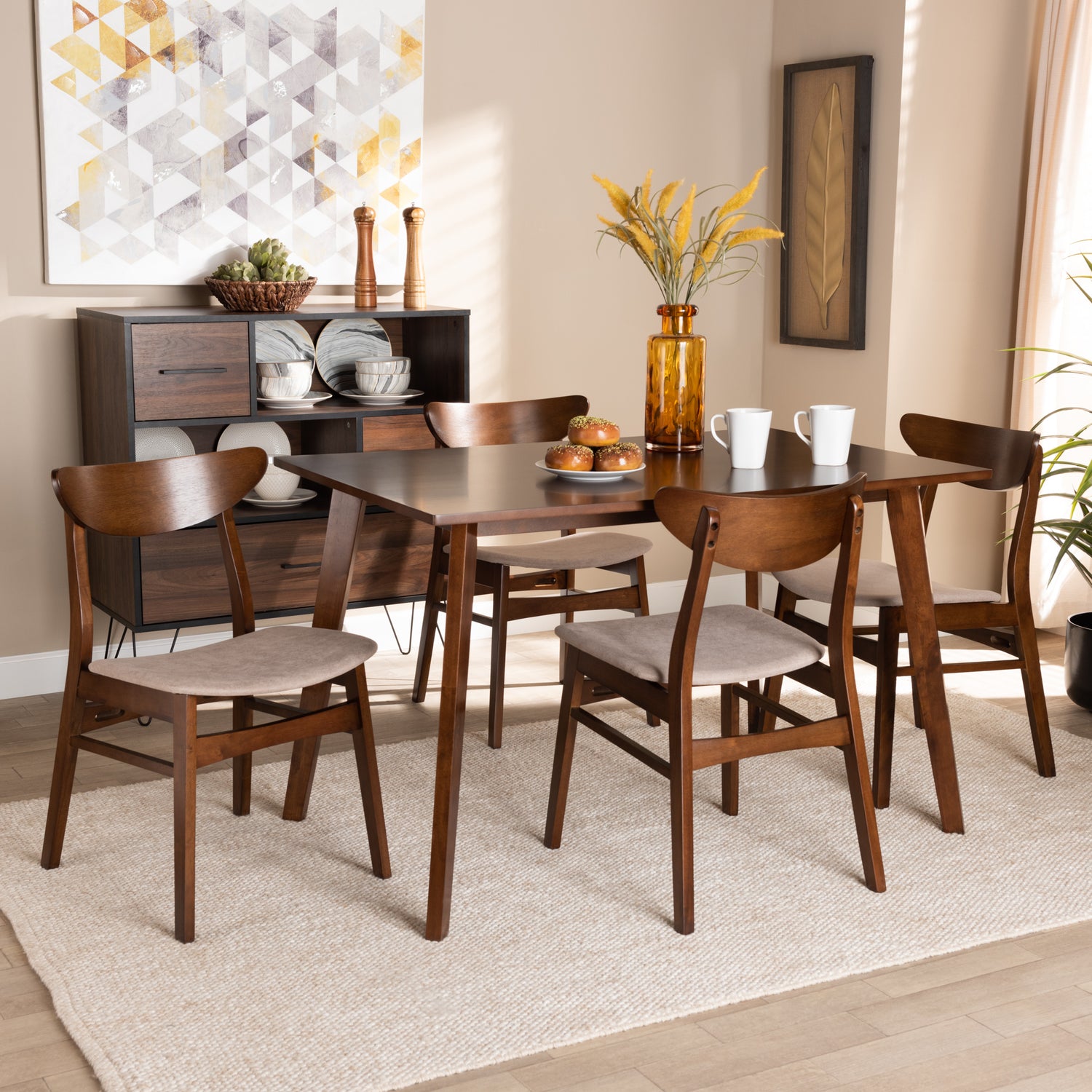 Orion Dining Set Mid-Century Modern Transitional Light Beige Fabric Upholstered Walnut Brown Finished Wood 5-Piece