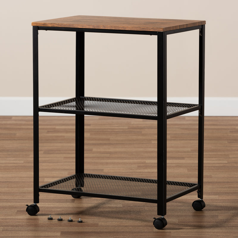 Verna Kitchen Serving Cart Vintage Rustic Industrial Design with Black Metal and Oak Brown Wood for Stylish Home Dining