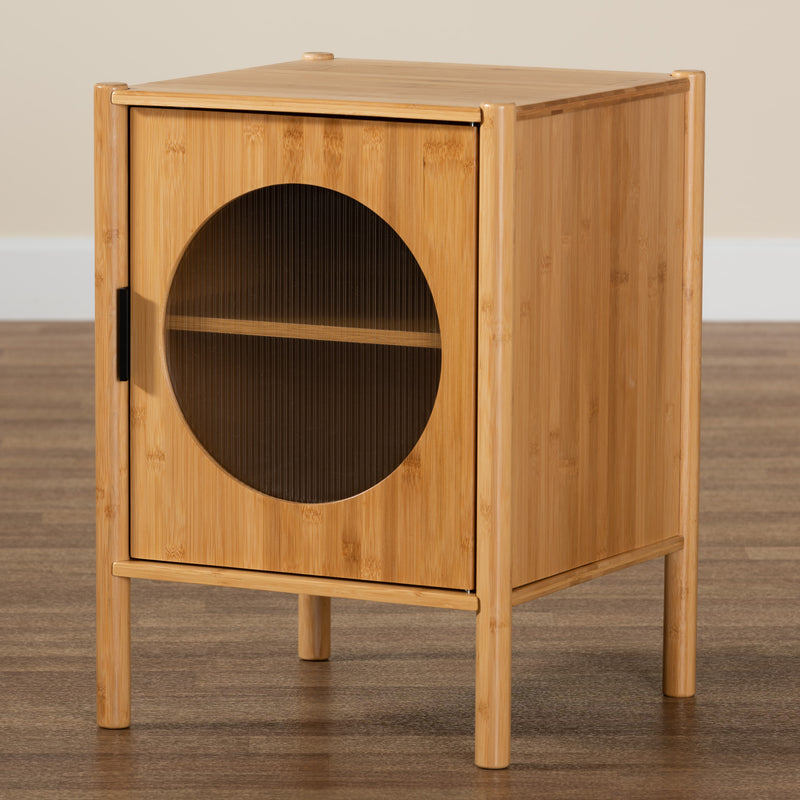 Naresh Mid-Century Modern End Table Natural Brown Bamboo Wood with 1 Door for Stylish Storage