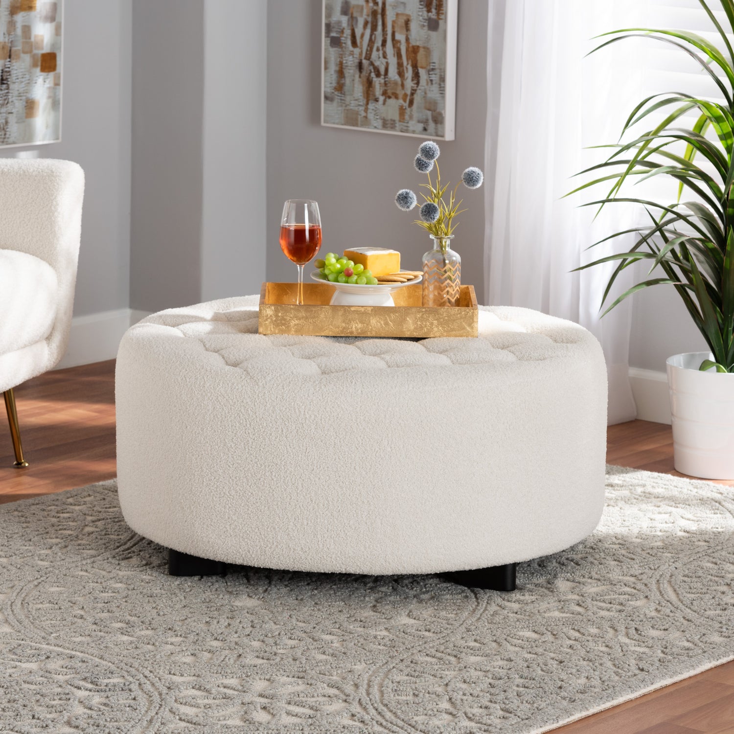 Athena Round Ottoman Modern Ivory Boucle Upholstered with Black Wood Base Stylish Accent Furniture for Living Room or Bedroom