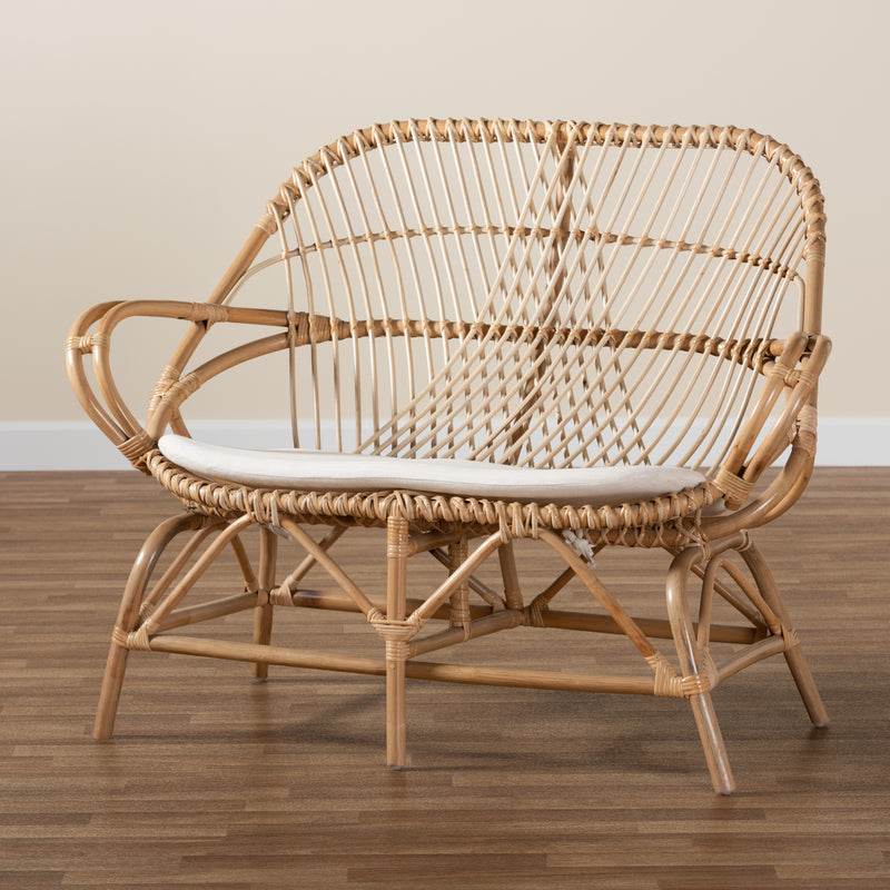 Jayden Loveseat Modern Bohemian White Fabric Upholstered with Natural Brown Rattan Frame Stylish Comfortable Seating