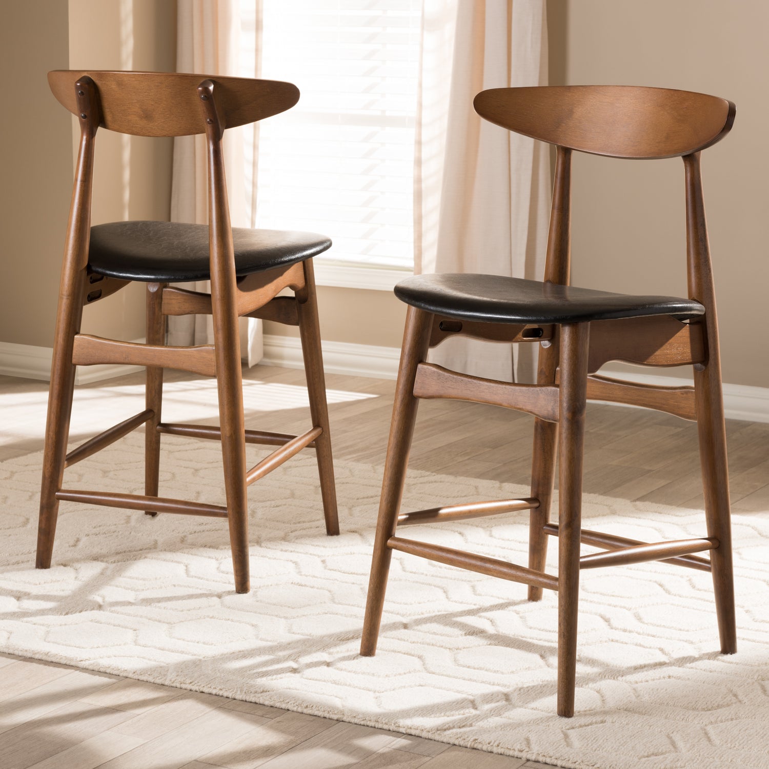 Flora Counter Stool Set of 2 Mid-Century Modern Black Faux Leather with Walnut Finished Legs