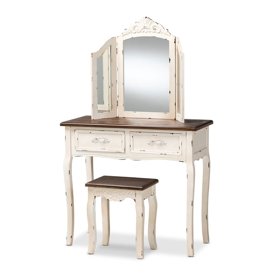 Levron Vanity Set Classic 2-Piece Design in Two-Tone Walnut Brown and Antique White Finished Wood for Elegant Bathroom Decor