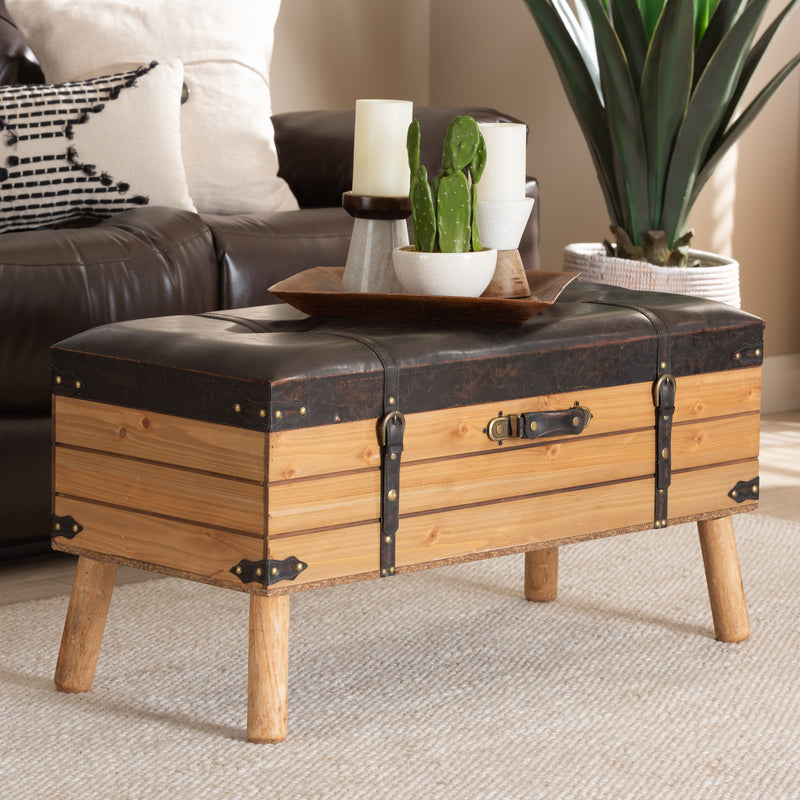 Amena Ottoman Rustic Transitional Dark Brown PU Leather Upholstered and Oak Finished Wood Large Storage