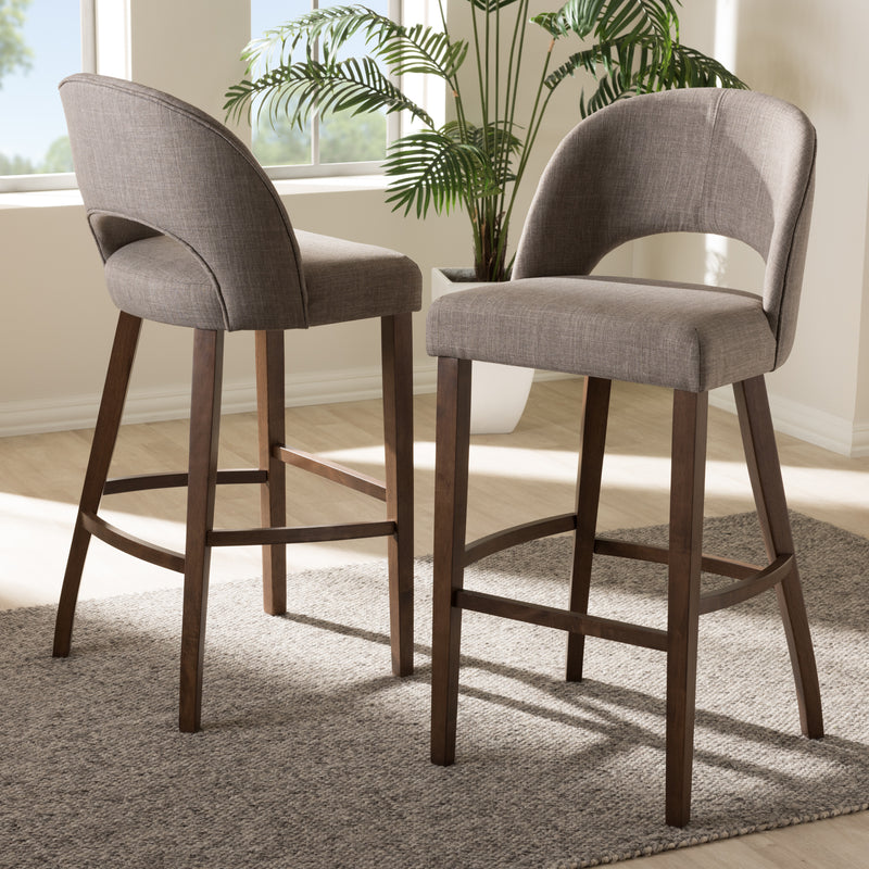 Melrose Bar Stool Mid-Century Modern Dark Grey Fabric Upholstered Walnut Finished Wood (Set of 2)