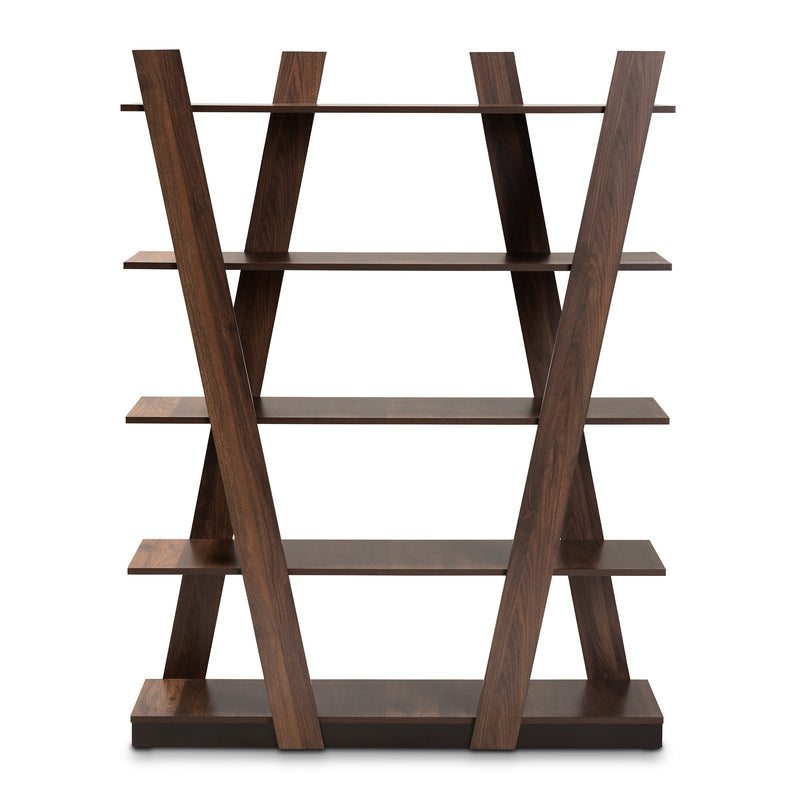 Michio 5-Tier Wood Display Shelf Modern Walnut Brown Geometric Design for Living Room Storage and Decoration