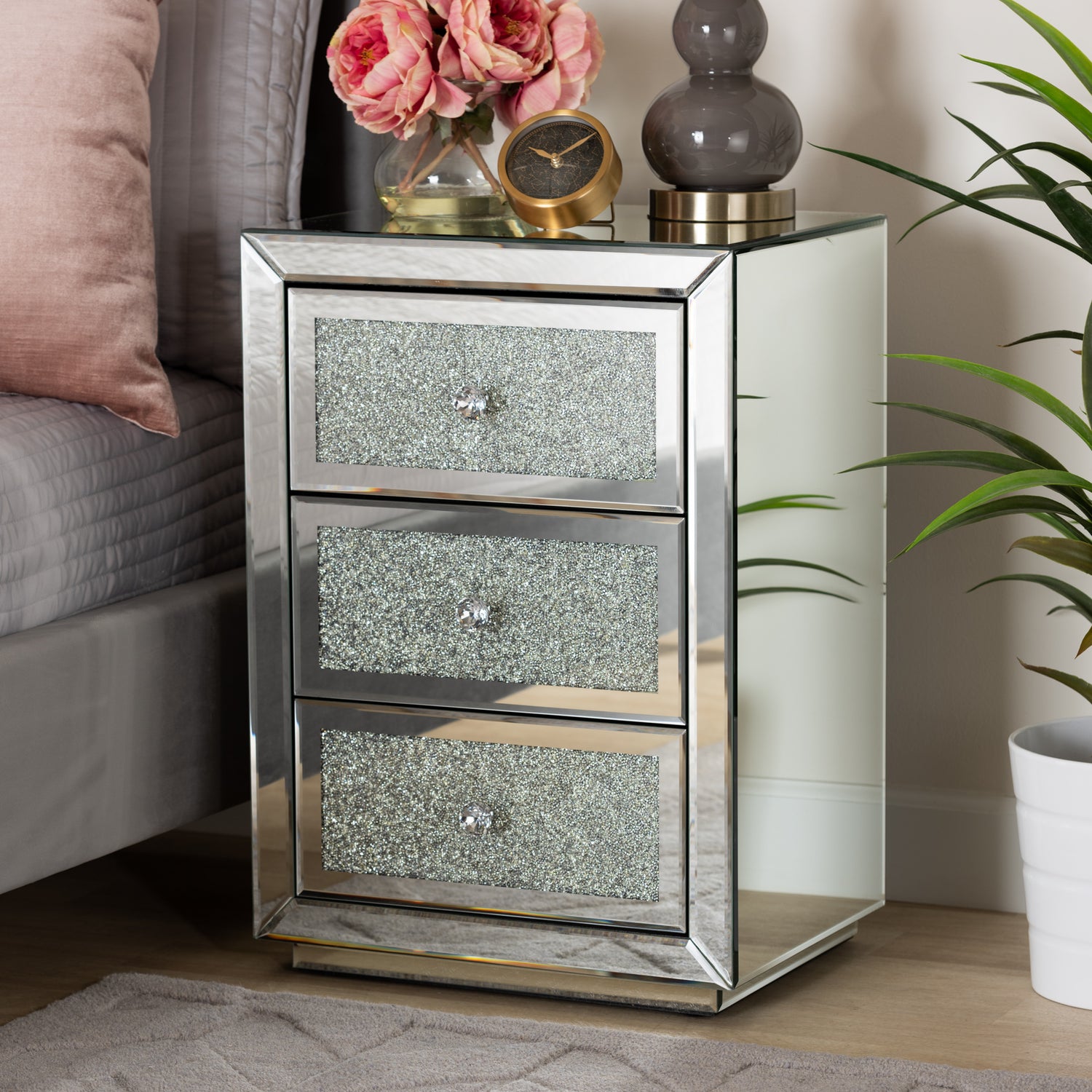 Talan Glam Luxe Mirrored End Table with 3 Drawers for Contemporary Living Room Decor