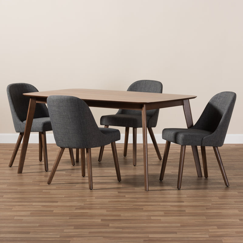 Cody Dining Set Mid-Century Modern Dark Grey Fabric Upholstered Walnut Finished Wood 5-Piece