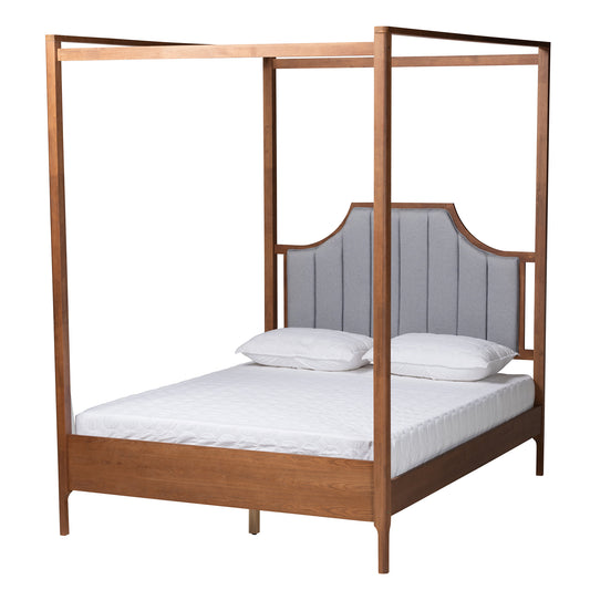 Dakota Queen Size Platform Canopy Bed in Light Grey Fabric with Ash Walnut Finish - Classic Design for Elegant Bedrooms