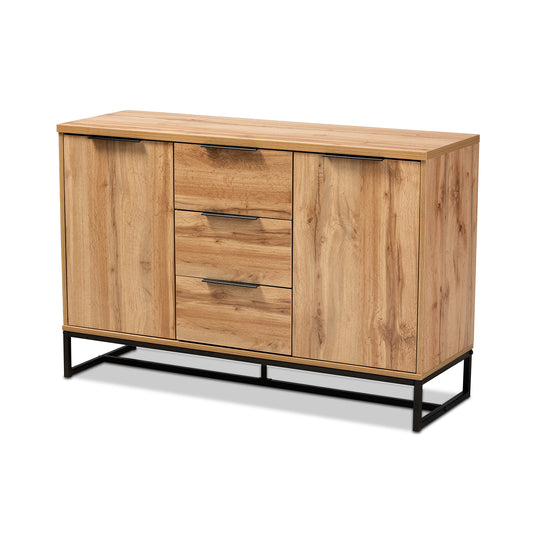 Reid Sideboard Buffet - Modern Industrial Design with Oak Finished Wood and Black Metal, Featuring 3 Drawers for Ample Storage